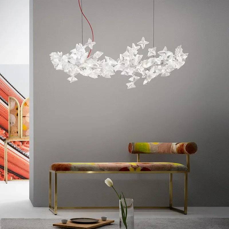 French Style Gingko Leaf Pendant Lamp Italian Inspired Metal Acrylic White Finish Dimmable Ceilings Lustre