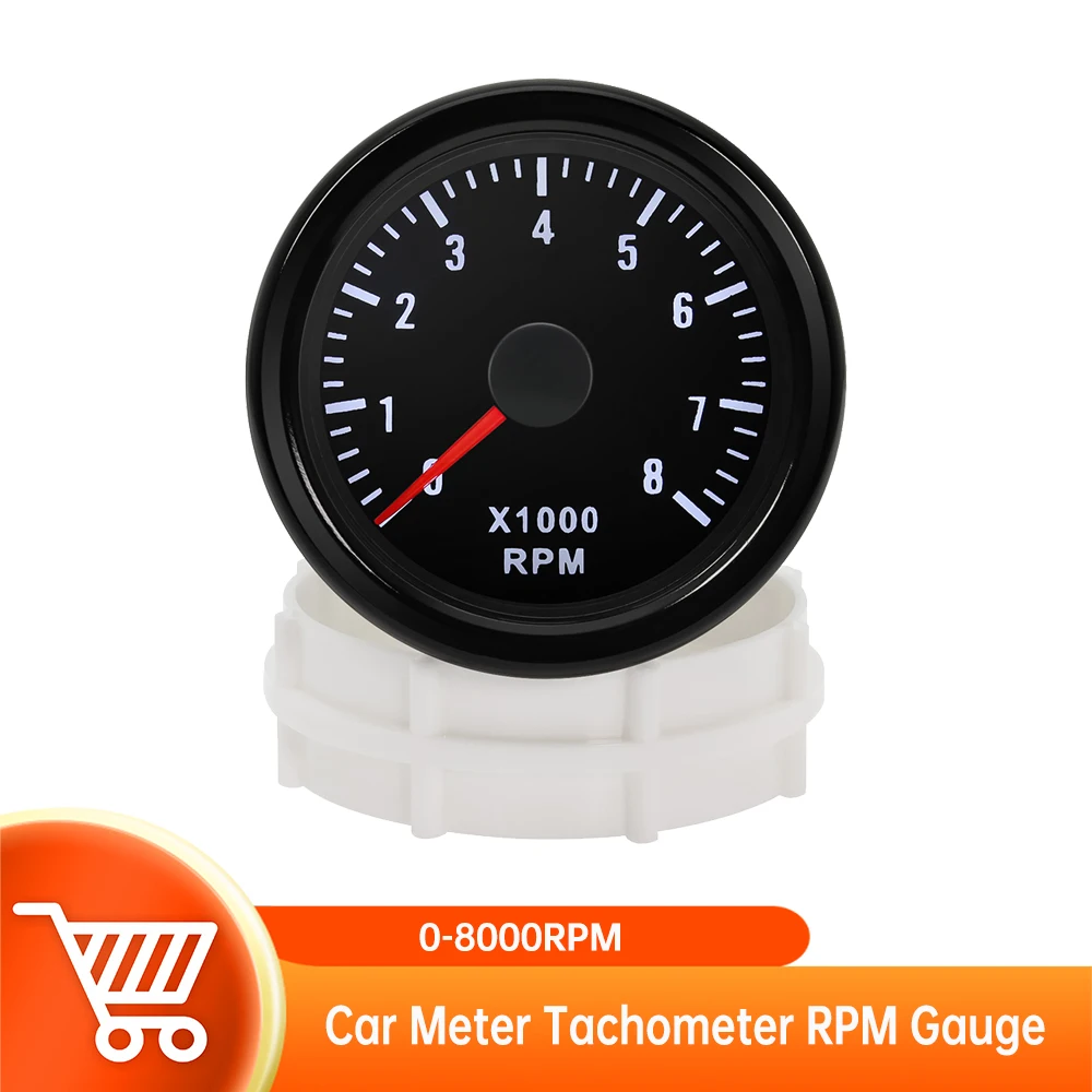 

2" 52mm 0-8000RPM Car Meter Tachometer RPM Gauge Black Case with White LED for 1-8 Cylinders Gasoline