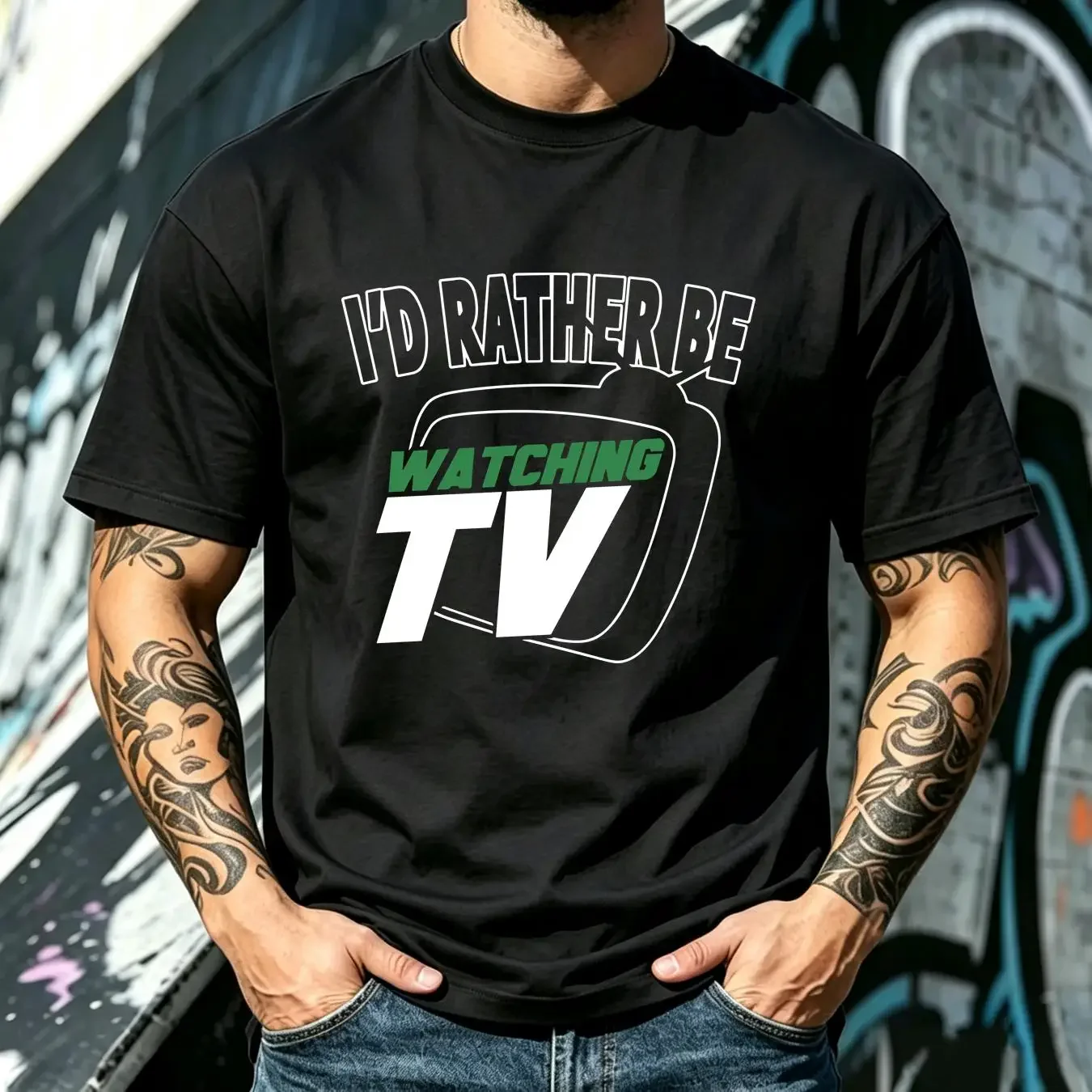 washed T Shirt I'd Rather be Watching TV Couch Potato Boob Tube Funny Mens vintage Washed Unisex homme Casual Comfortable