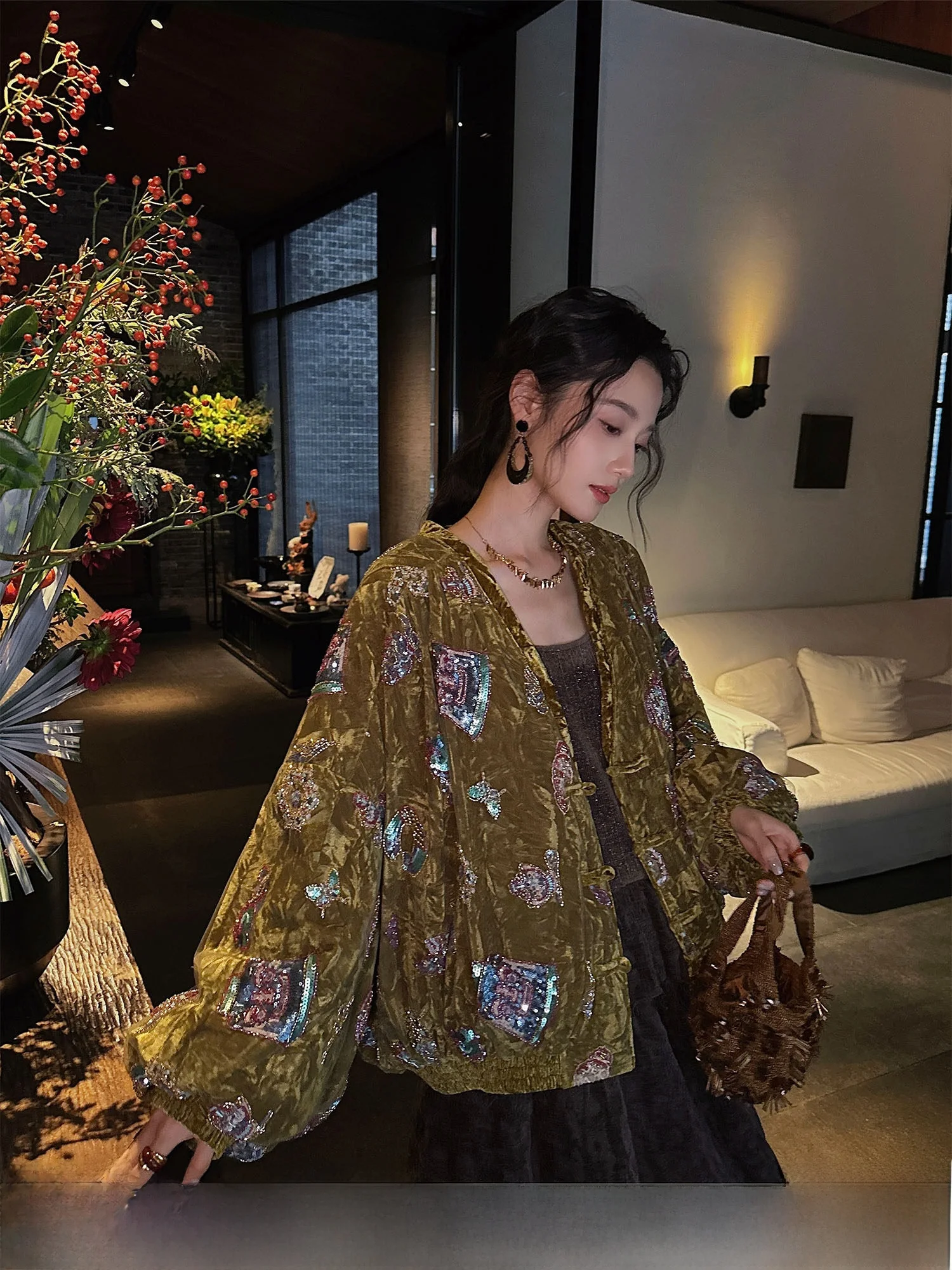 

Sanji Bla Flower New Chinese Sle Embroidered Velvet down Jaet Women's National Faion Winter Outerwear 90 White Du down