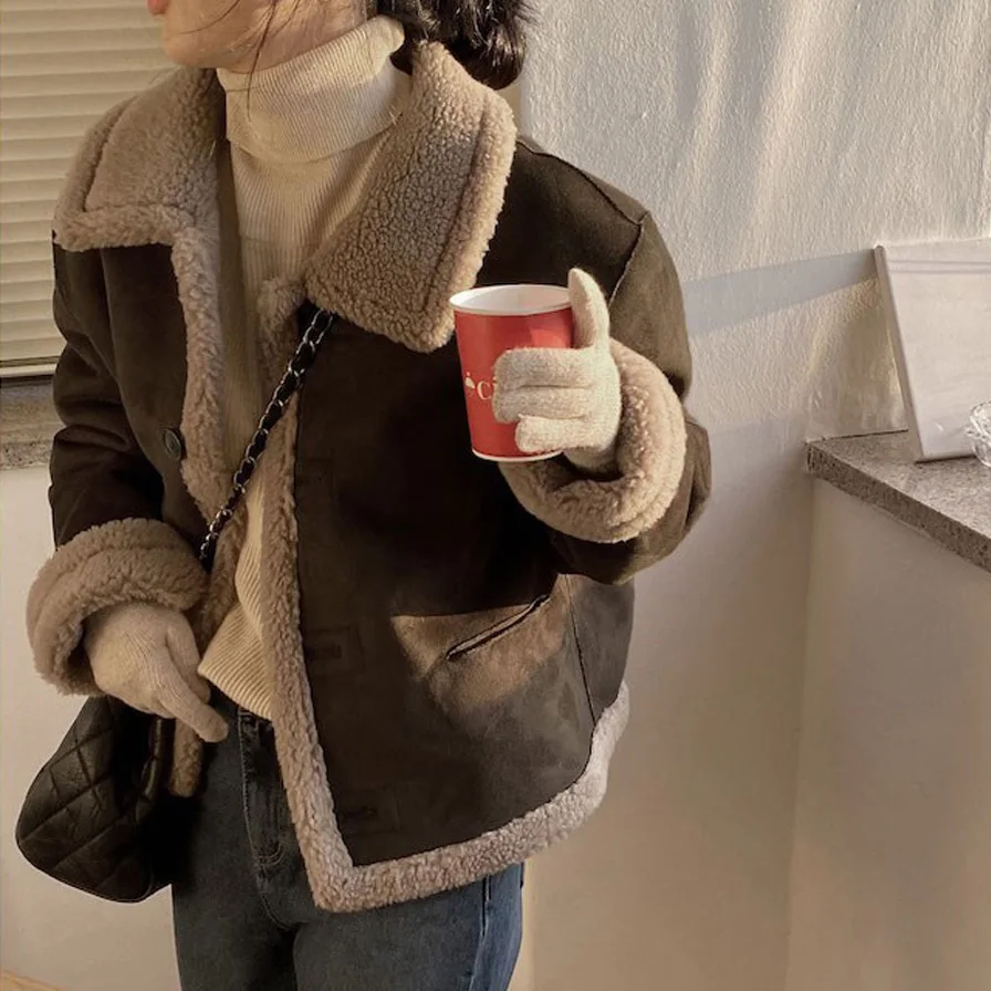 Cappotto ort retrò autunno inverno Pelliccia calda Colletto in pelle Bottone singolo Versatile Jaet in fibra di poliestere da donna