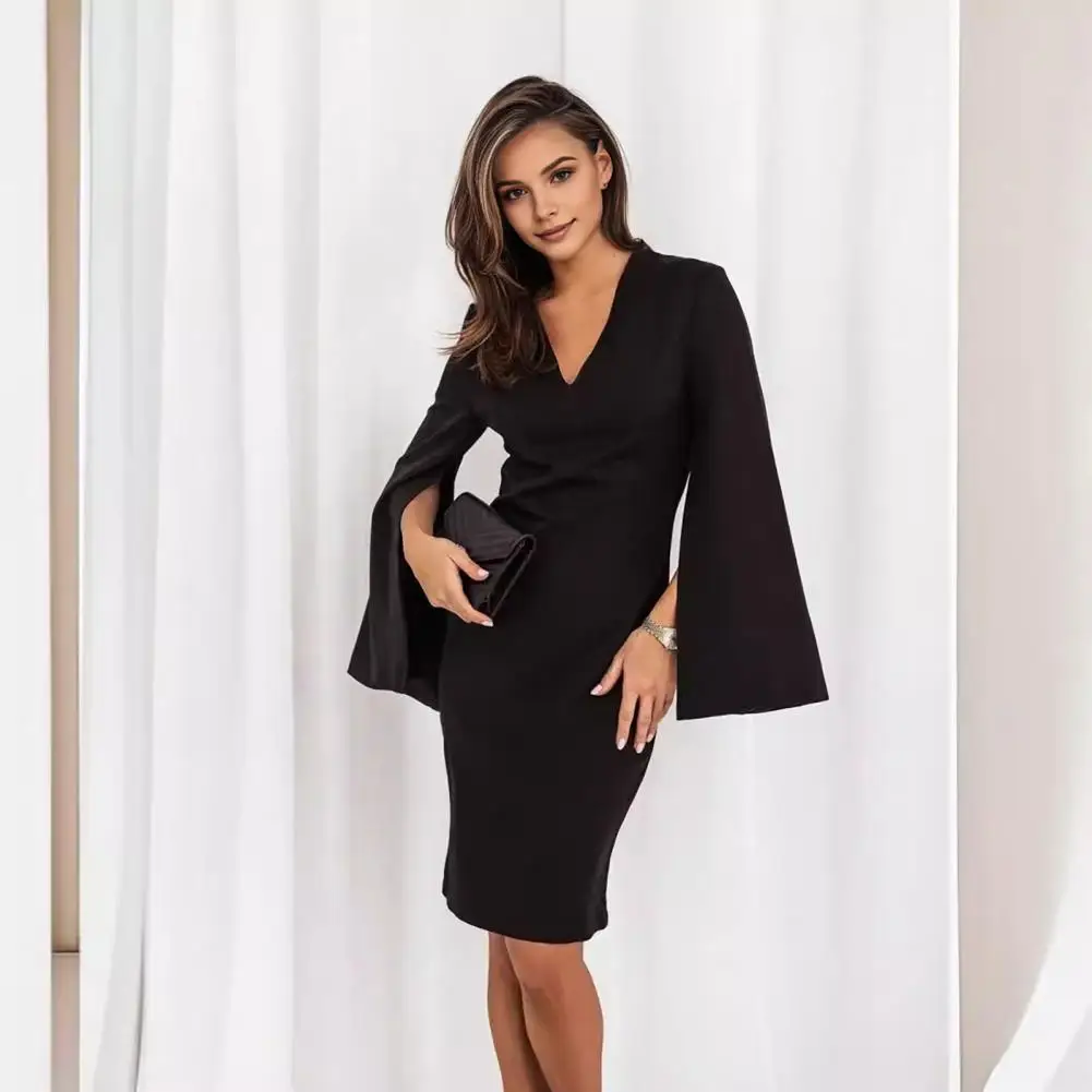 Fall Summer Women Business Dress Solid Color Long Slit Horn Sleeves V Neck Office Dress Slim Fit Formal Party OL Commute Dress