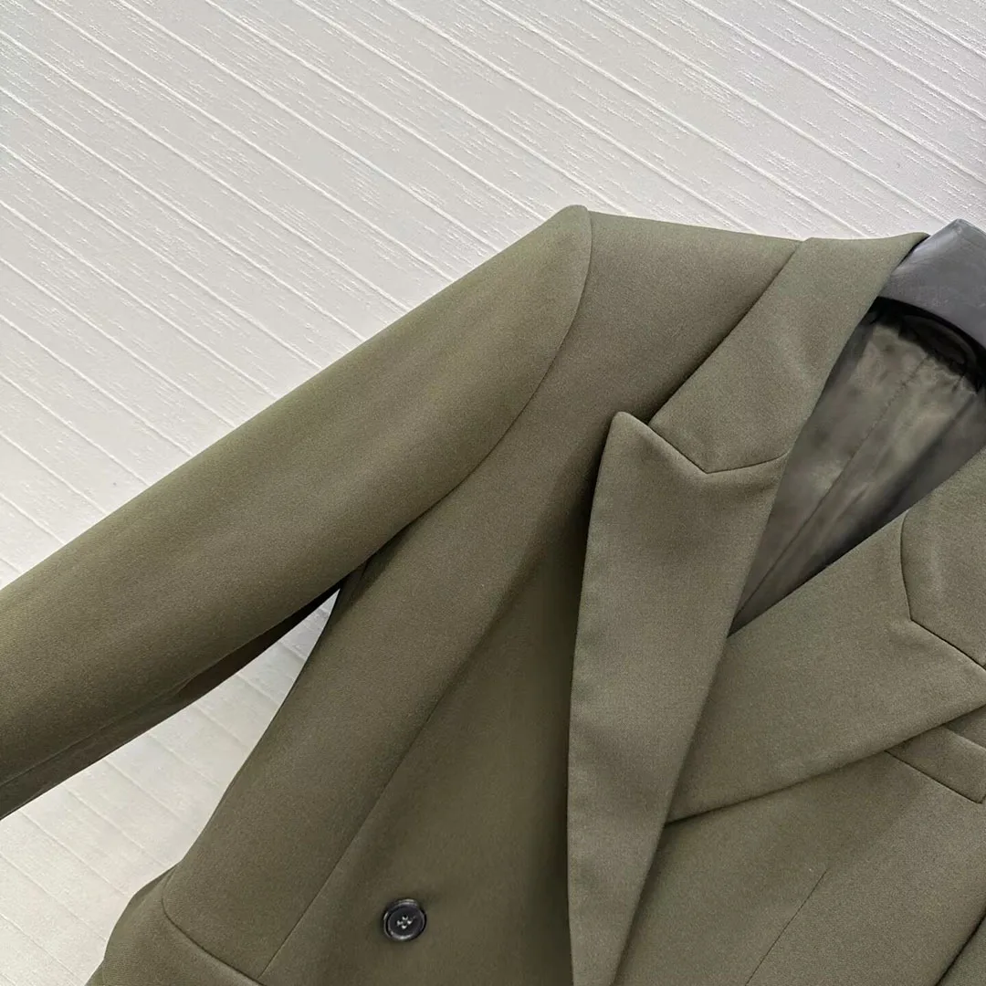 

Французский элегантный женский армейский зеленый длинный пиджак, женский новый осенний двубортный тонкий офисный костюм с длинными рукавами и зубцами, пальто