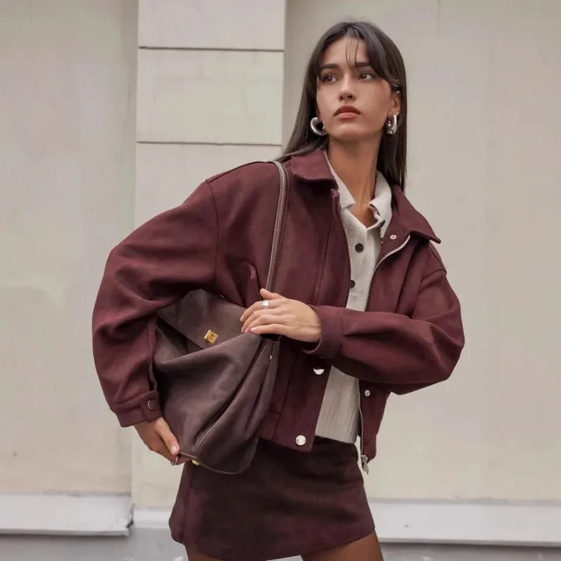 Fashionable Women's Suede Coat 2025 Autumn Comfort Turn Down Collar Zipper Fly Pockets Female Coat Korean-Style Jacket For Lady
