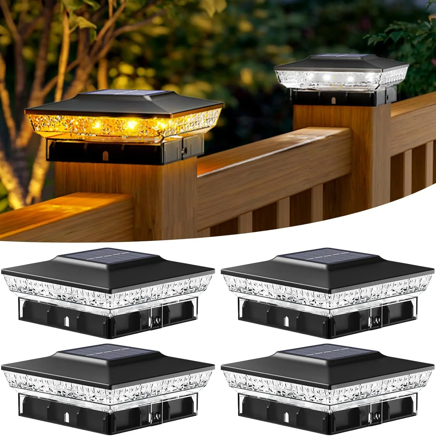 

4x4 Solar Post Cap Lights Outdoor, 2 Modes 16 LED Fence Deck Post Lights, 4 Pack Waterproof Black Solar Powered Lighting