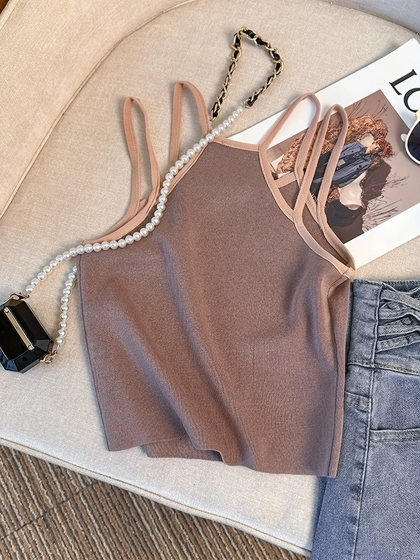 Contrast Color top con doble correa para el hombro verano casual camisola sin mangas Top corto para ropa de mujer