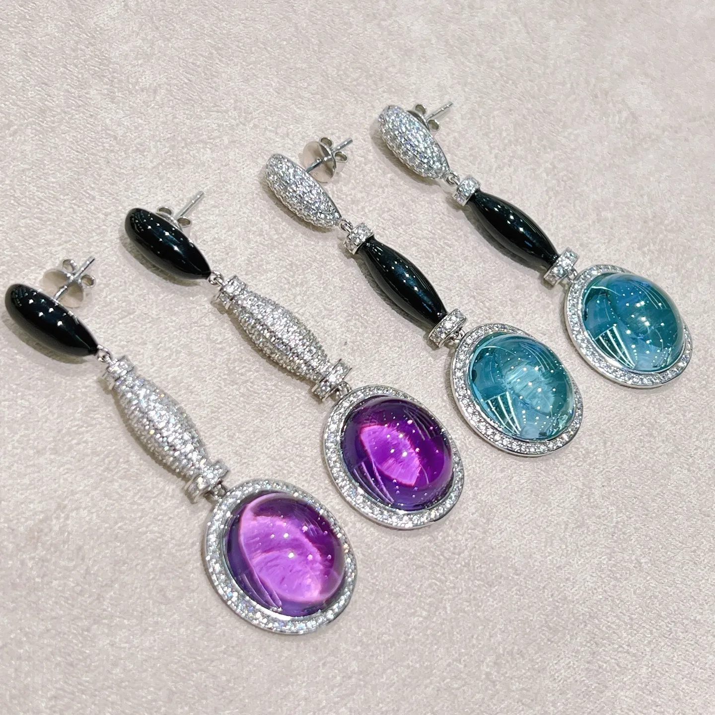 KQDANCE Nuevos Pendientes Largos de Plata 925 con Esmalte Negro, Corte Ovalado en Forma de Huevo, con Perla de Laboratorio Azul Claro o Morado, Joyería Fina