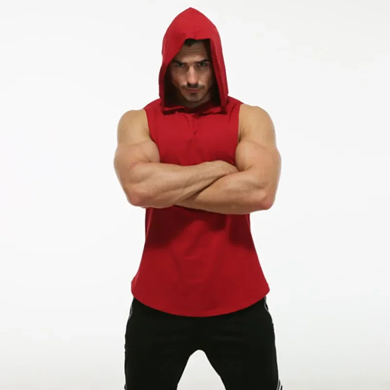 MRMT 2024 Brand New Men's t shirt  t-shirt for male Tops tshirt Men's Fitness Hooded Vest Elastic Hooded Sleeveless Curved Hem