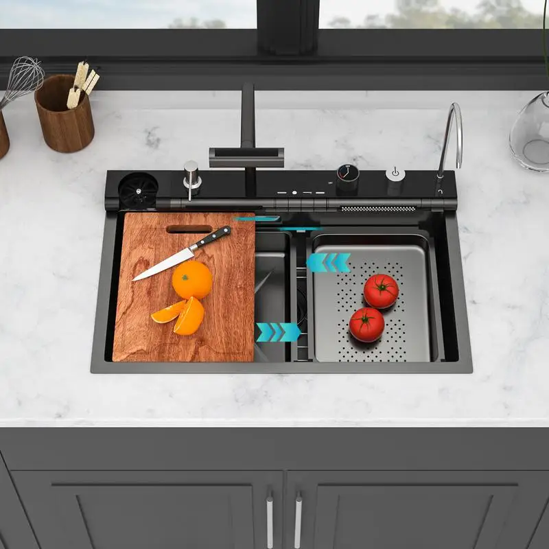 

30" Gunmetal Black Kitchen Sink Waterfall Sink - 30 x 19 x 9 inch Single Bowl 16 Gauge Stainless Steel Workstation Top Mount