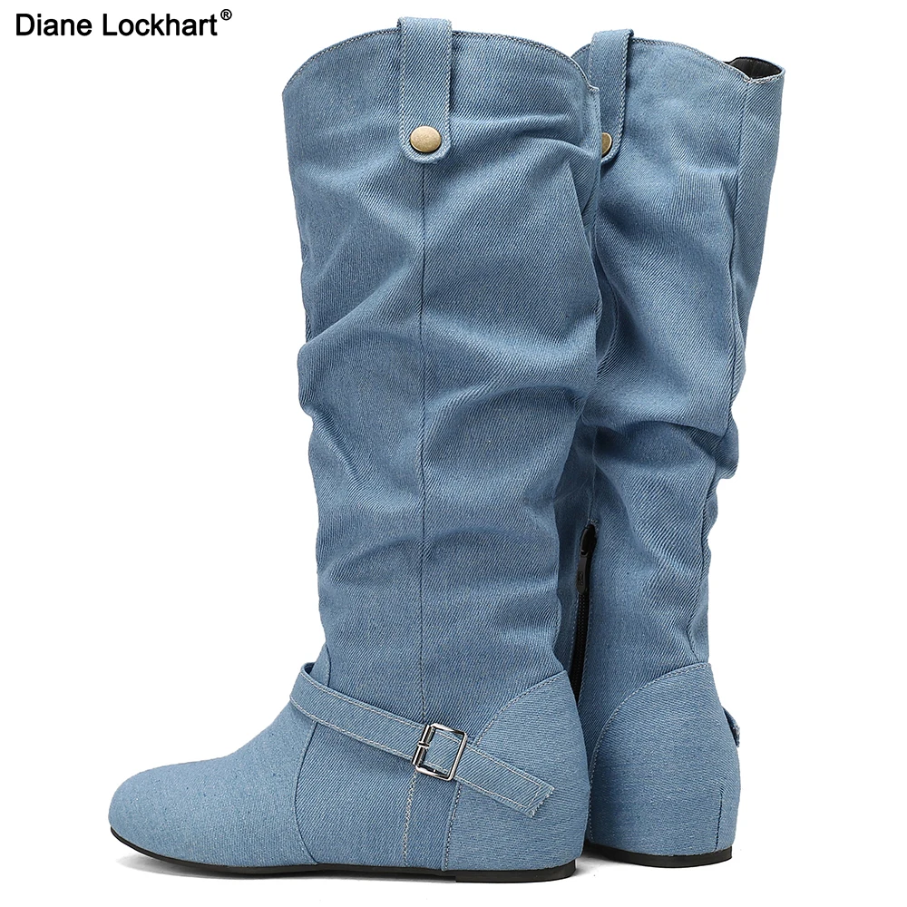 

Retro Cute Women's round Toe Knee Boots Denim Pleated Flat Heel Autumn Winter Short Skirt Slip-On Long Boots Size 44