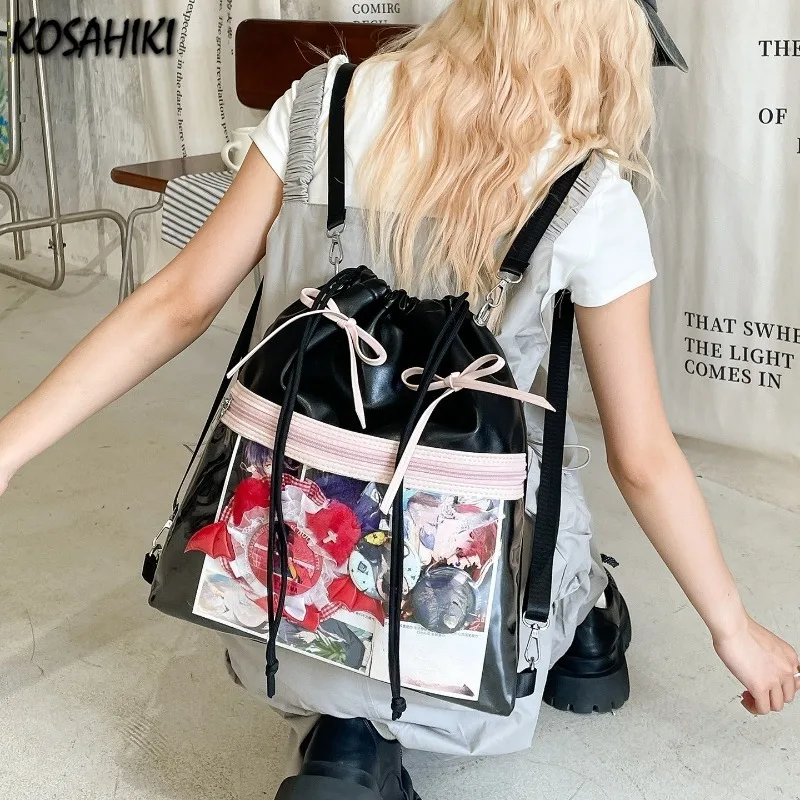 

Drawstring Bow Pleated Shoulder Crossbody Bags Transparent Casual Travel Ita Bag Fashion Ins Sweet Women Backpacks Y2k Aesthetic