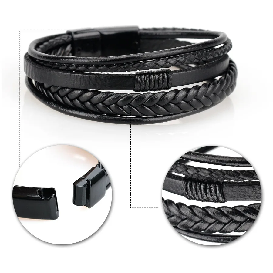 Trendige Lederarmbänder für Männer, Edelstahlarmband, 21 cm, mehrschichtige geflochtene Seilarmbänder für männliche Schmuckgeschenke