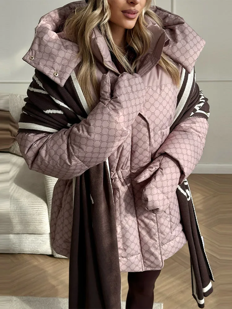 

Commuter Printed Patchwork Hoodie Parker Jacket Full Sleeve High Neck Loose Cotton Coat 2025 Autumn Winter Warm Streetwears