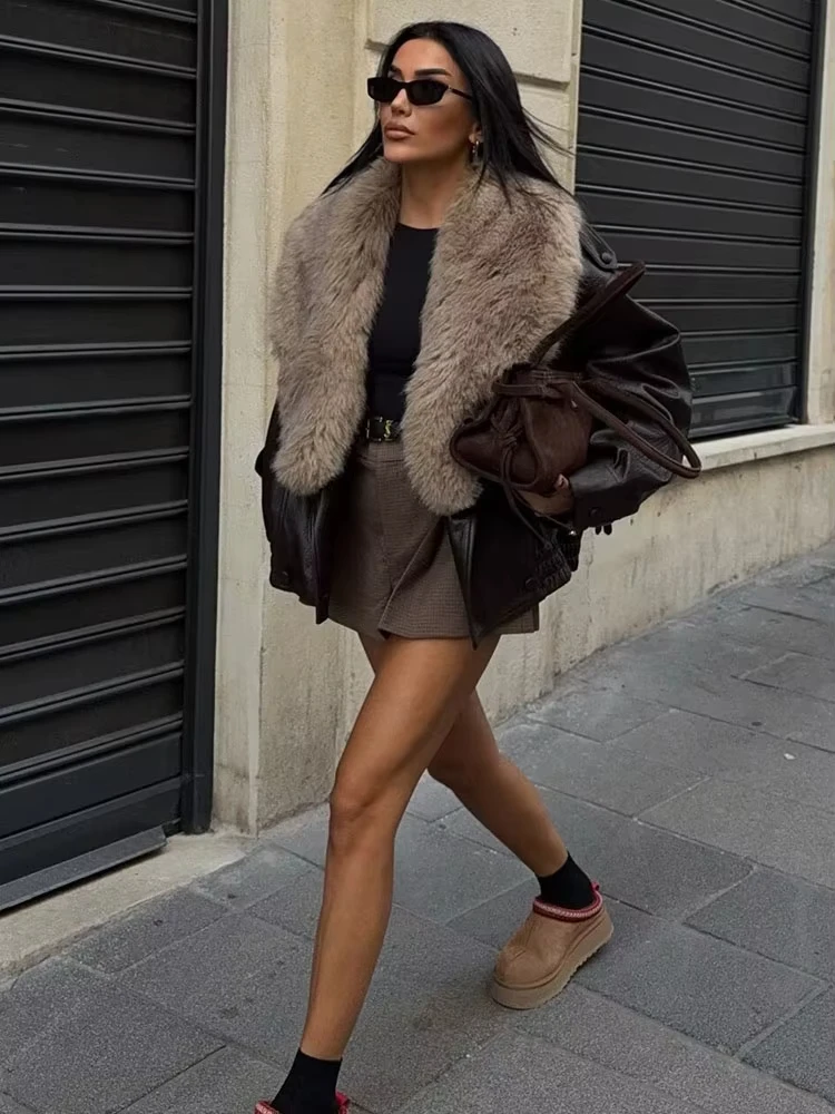 Winter Women Loose Faux Leather Jacket Fashion Removed Big Fur Collar Causal Coat High Street Double Breasted Outwear