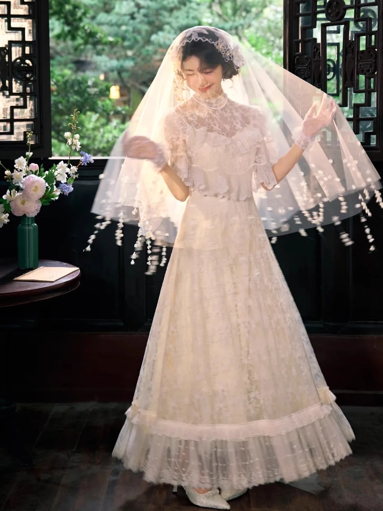 

Retro Sle Lace Wedding Dr for Studio Photoaphy Chinese Garden Theme Bride Costume Long Skirt Cusizable Fit And Flare