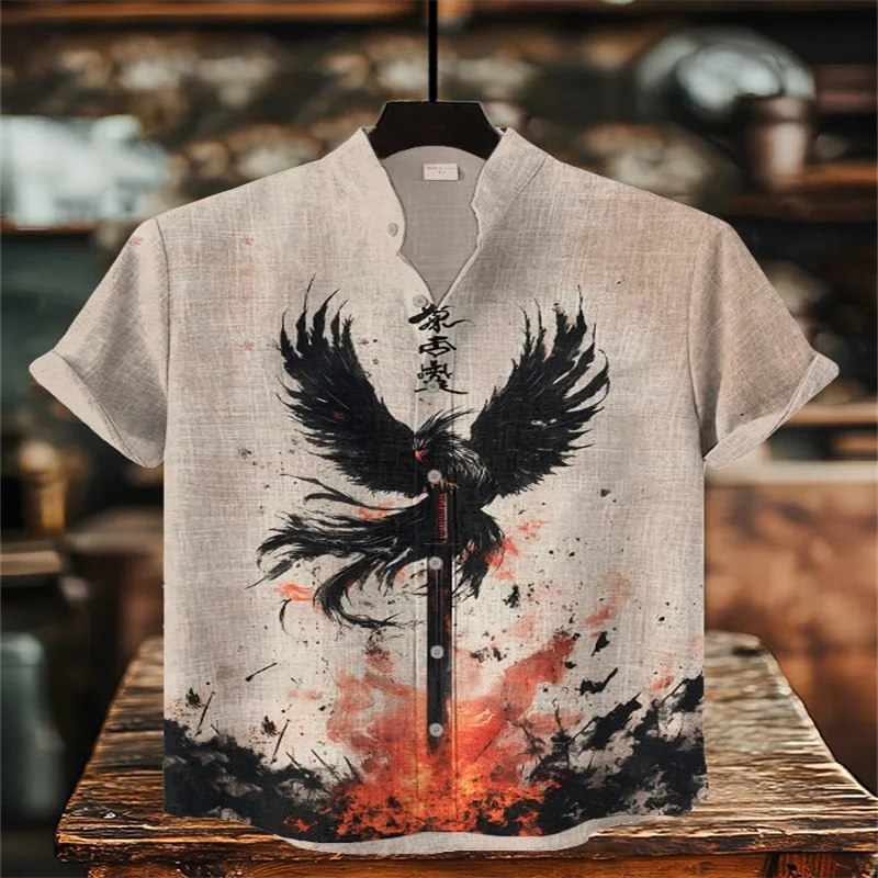 

2025 Men's Mythical Phoenix Warrior Sword Japanese Art Printed Casual Shirt, Polyester Fiber Short Sleeve Top Samurai