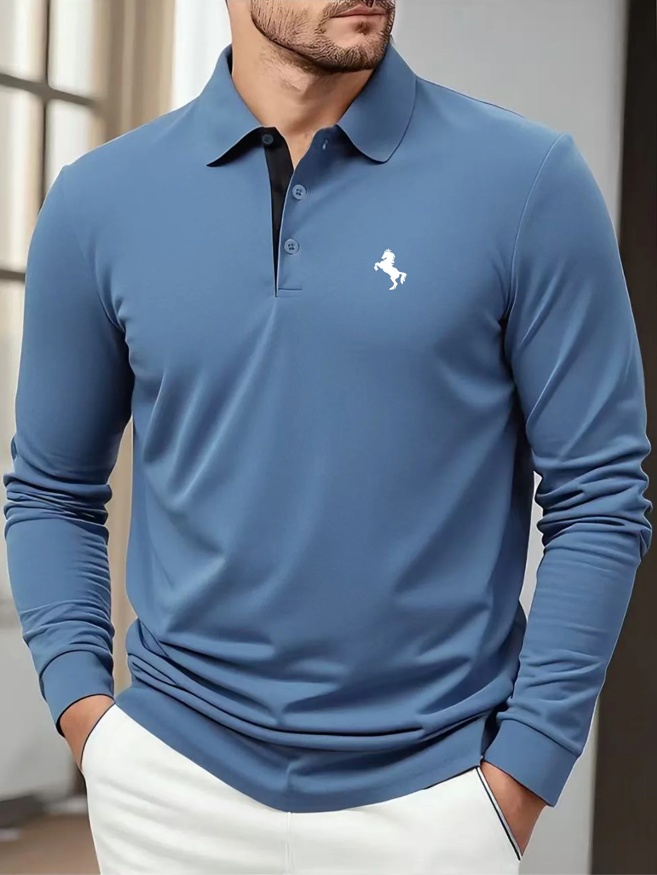 New Men's Stylish Polo Shirt for Autumn Minimalist Solid-Color Long-Sleeve Button-Collar Polo Men's Business-Casual Athletic Top