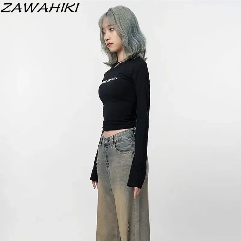 Chic Designed Letter Print Slim Y2K Long Sleeve Kpop Aesthetic T Shirt Women Fall Winter Sweet Fashion All Match Tops Mujer