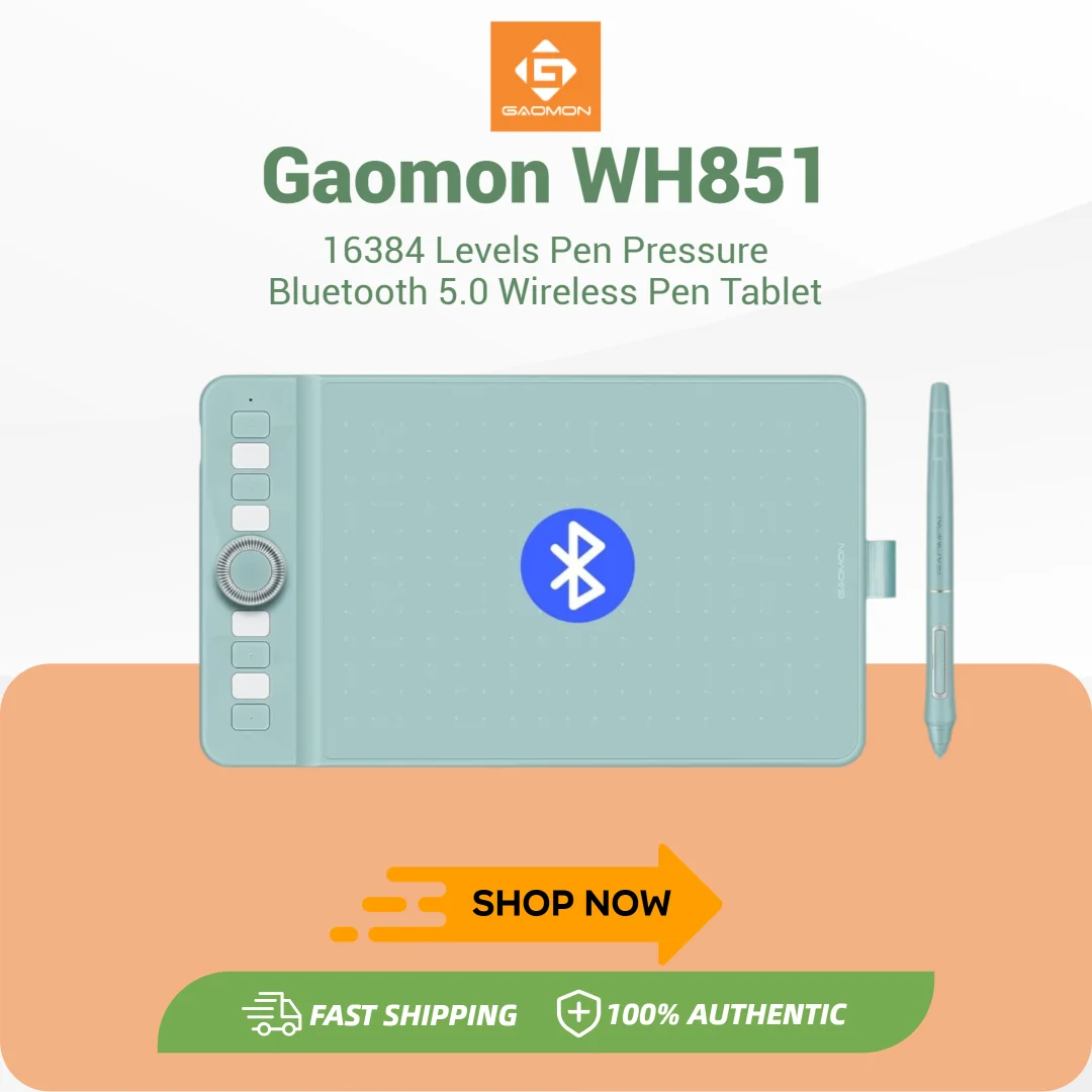 16K Levels GAOMON Wireless Graphics Tablet WH851 Bluetooth 5.0 Connectivity Pen Tablet 8x5 Inch, Intuitive Dial 8 Shortcut Keys