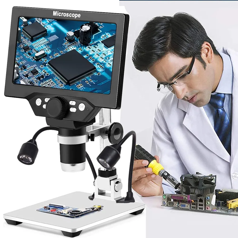 LCD Digital USB Microscope 7 inches HD Screen 1080P 1200X Magnification Camera Video Recorder Handheld 8 LED Lights PCB Board