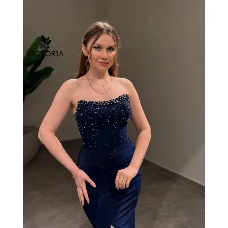 Personalizado elegante bainha strass vestidos de baile sem alças sem mangas vestidos de noiva lado alta divisão formal noite