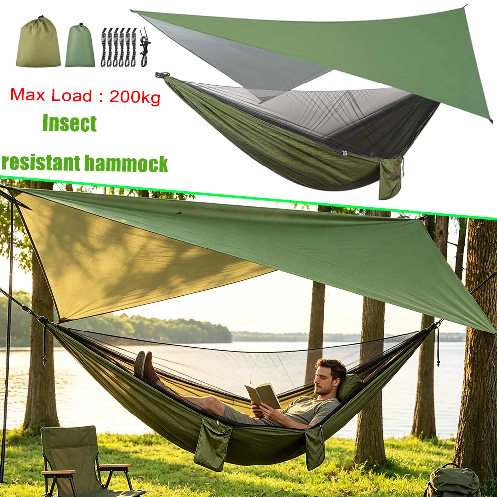 Camping Hammock Max Load 200KG with Mosquito Net Rainfly Waterproof Portable Single Double Tree Tent for Outdoor Garden Indoor