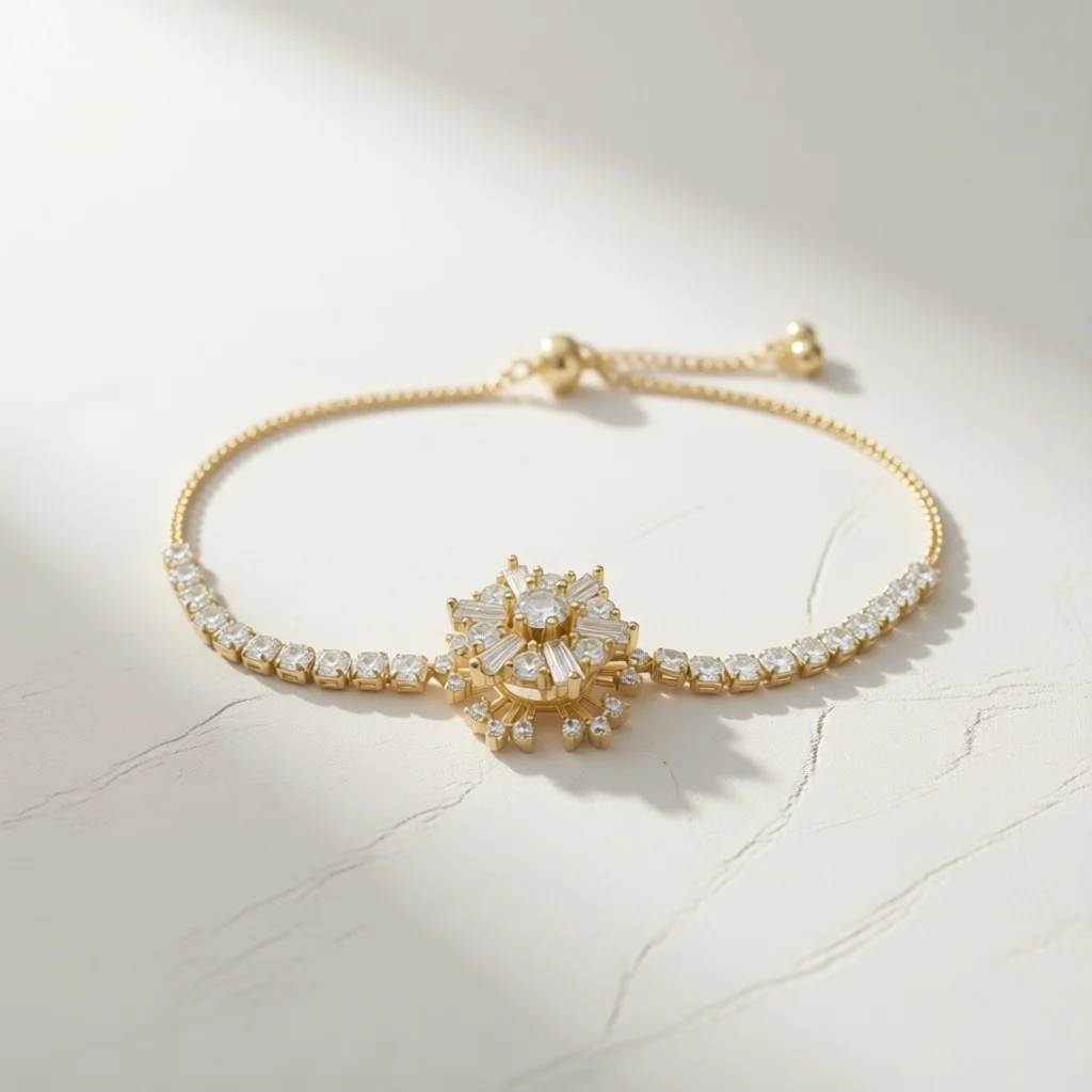 Snowflake Borro Bracelet, fully set with cubic zirconia, adjustable sliding clasp bracelet, elegant daily and party fashion gift