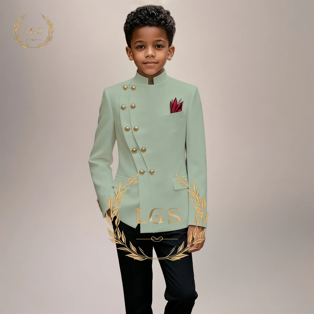 

Boys' Custom 2-Piece Suit – Stand Collar Asymmetric Button Blazer & Black Trousers for Weddings & Celebrations