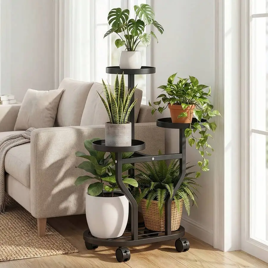 Senmeo 1Pc,Metal,Tiered Corner Flower Stand,Rustproof Durable Bracket,Sliding Rolling Wheel Design,Shake-Resistant Construction,Patio/Garden/Living Room/Balcony,Green Plant Storage Rack