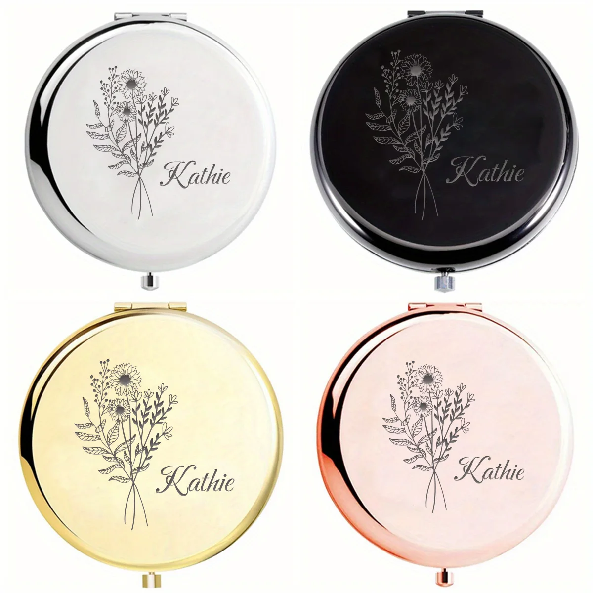 1pc Cartoon Delicate flowers Customized Name Pocket Mirror Makeup Mirror Round Circle Mirror Christening Souvenir