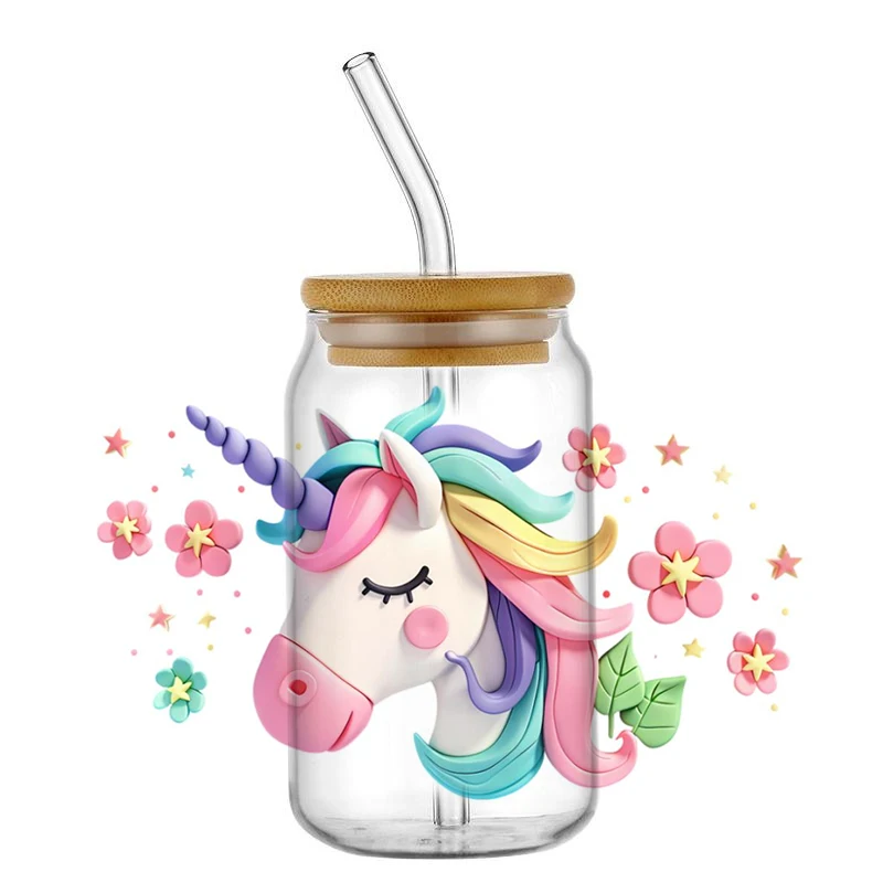 16oz Libbey Glasses Washable Unicorn Series UV DTF Cup Wrap Sticker DIY Waterproof Mug Transfer Sticker