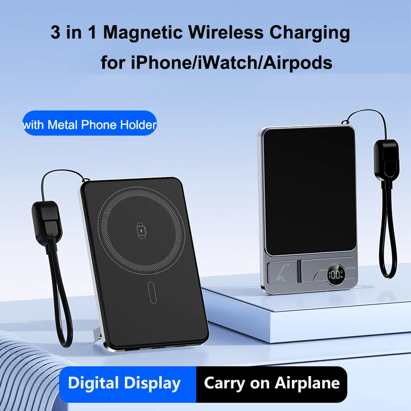 

3 in 1 Magnetic Wireless Power Bank USB C PD 22.5W Fast Charging Portable External Battery for Magsafe For iPhone iWatch Airpods