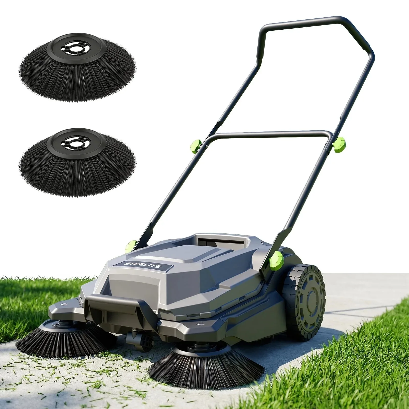 Deli Walk Behind Hand Push Floor Sweeper 26.8 Inch Manual Non Electric with 6.35 Gallon Waste Container Folding Handle for Patio Walkway Yard
