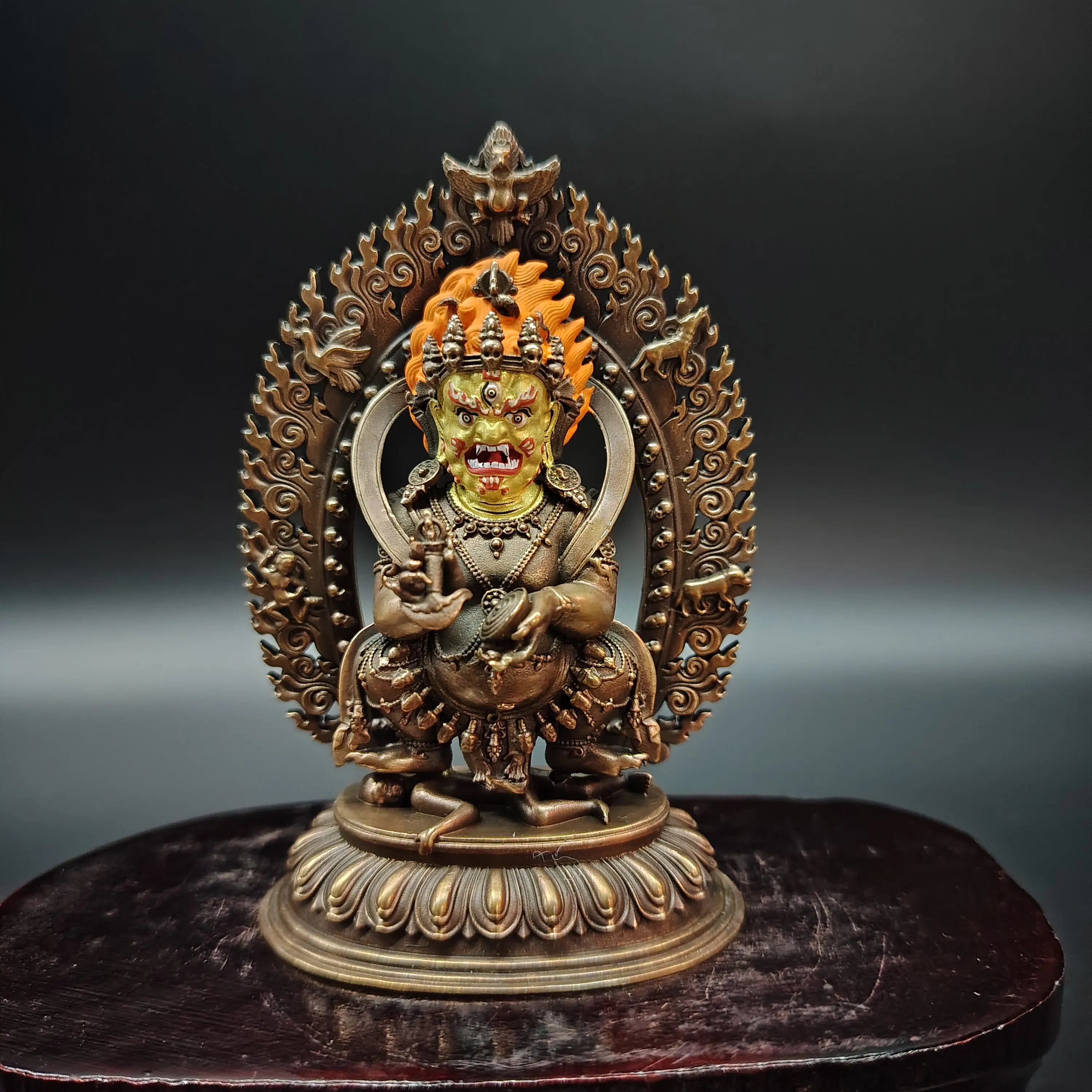 New Tibetan Pure Antique Copper Two-Arm Mahakala Black Deity Statue 10cm Home Vajrayana Altar Blessing