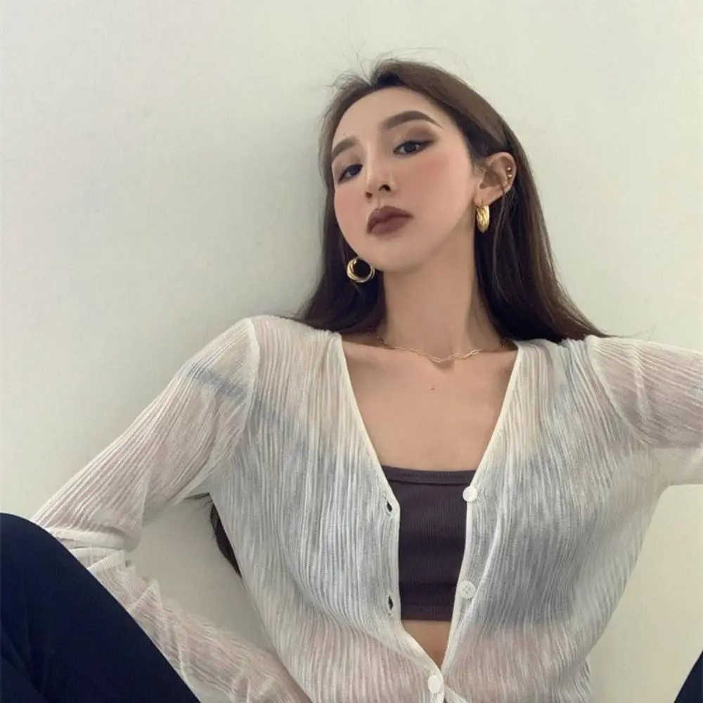 

Новый кардиган с V-образным вырезом, защита от солнца, повседневная дышащая рубашка, тонкая эластичная блузка с длинными рукавами, однотонный топ