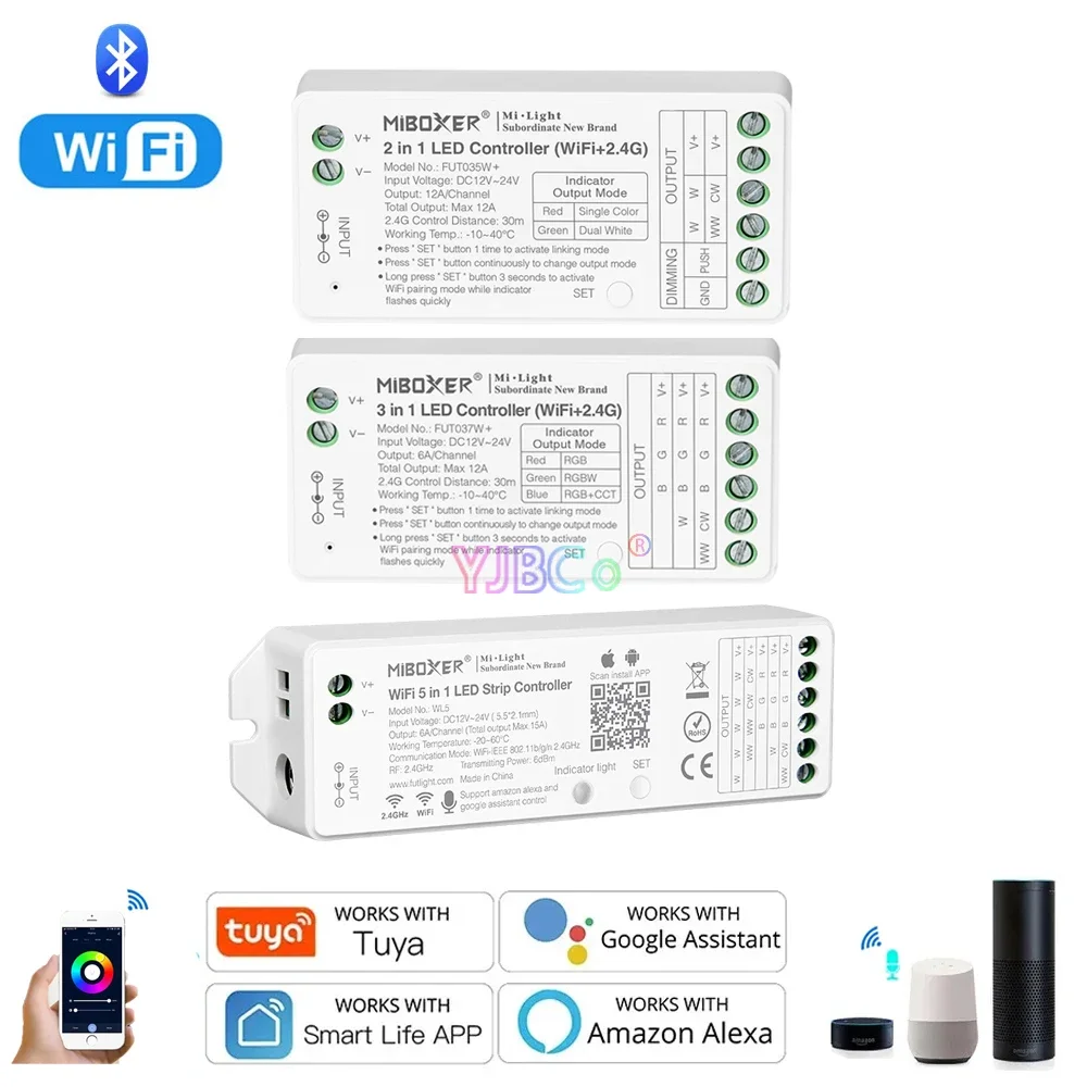 

Tuya WiFi Smart LED Controller 2/3/5 in 1 Alexa Google Home Voice APP Single Color Dual White RGB RGBW RGB+CCT Dimmer 2.4G DC12V