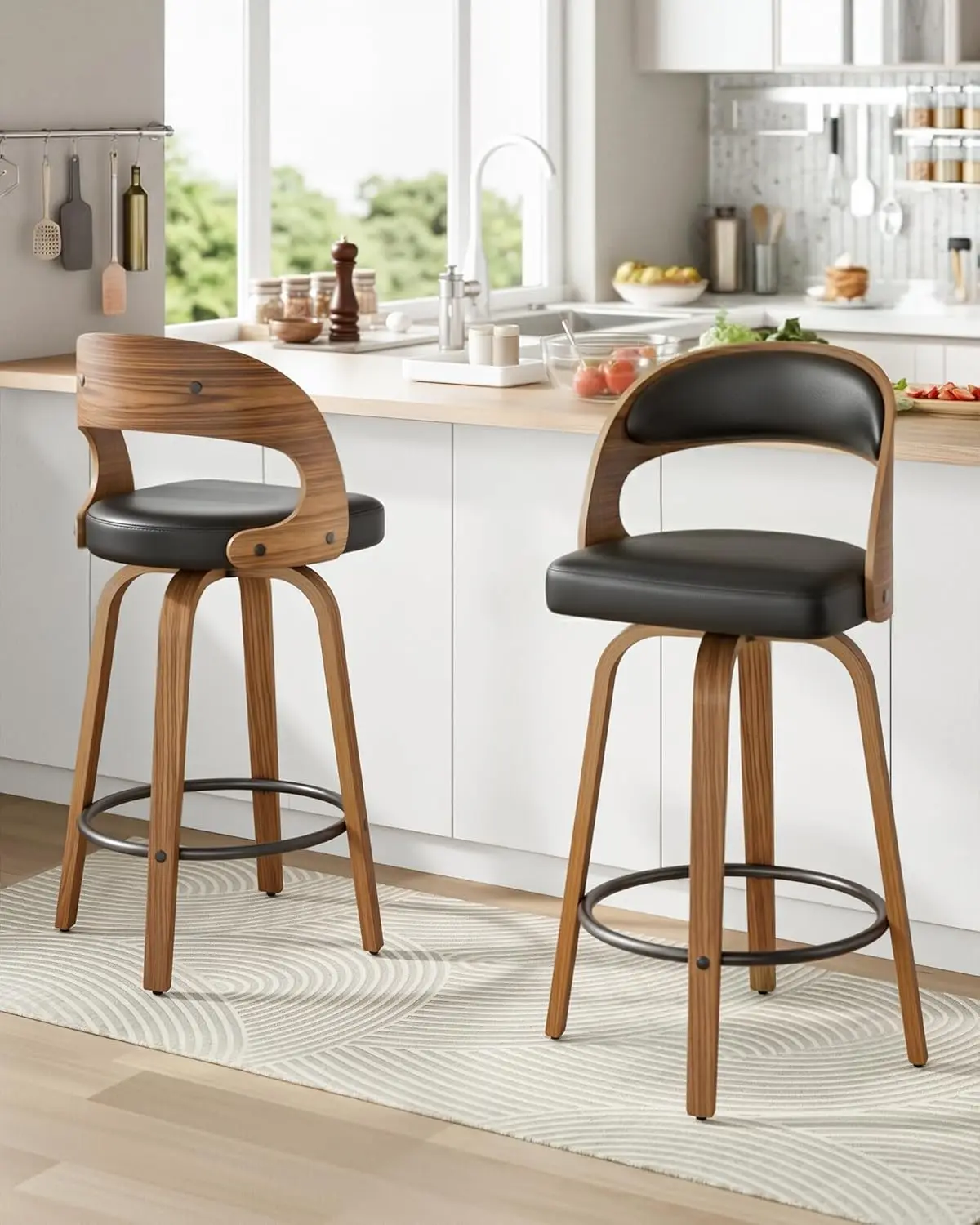 

26in Counter Height Bar Stools Set of 2 Swivel PU Leather Back Kitchen Island Black Customized
