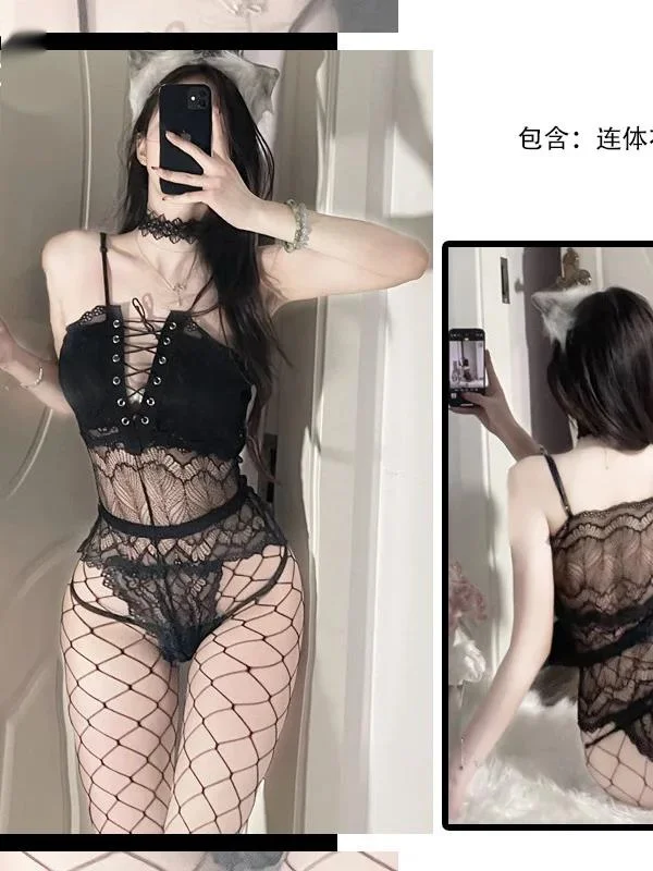 Sexy transparente verspielte Spitze Overall Uniform Versuchung ausgehöhlt Perspektive einteilige eng anliegende Frauen Stram pler 5ecx