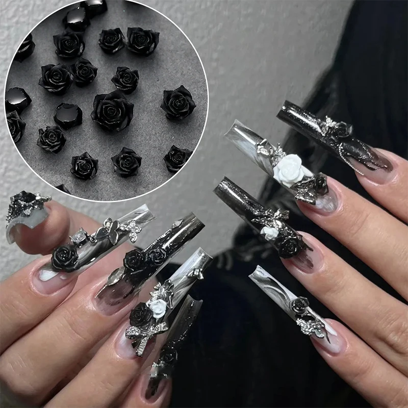 

50PCS 3D Resin Camellia Flowers Nail Art Decorations Black White Rose Flowers Design Manicure Nail Art Rhinestones Decorations