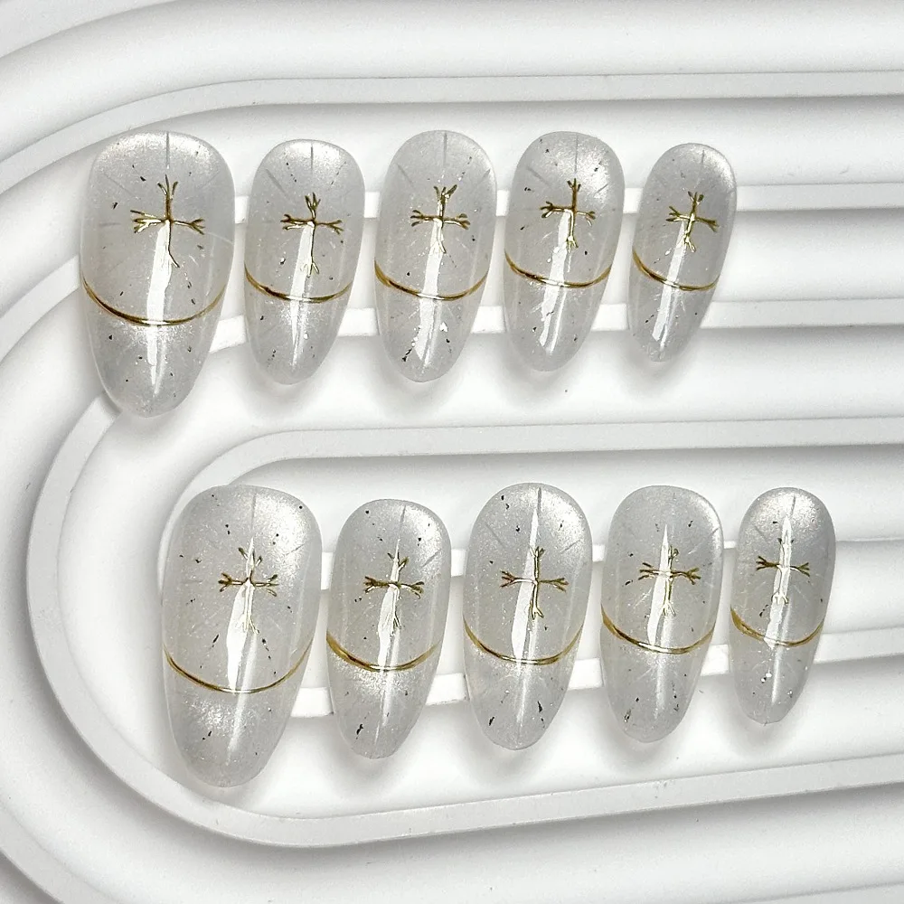 

10 Pieces Simple Elegant Sacred Holy Light Handmade Press On Nails Cat Eye Translucent Silver Gold Cross French Fake Nail Art