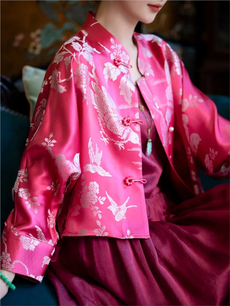 

Новый шелковый жаккардовый старый атласный повседневный кардиган для женщин