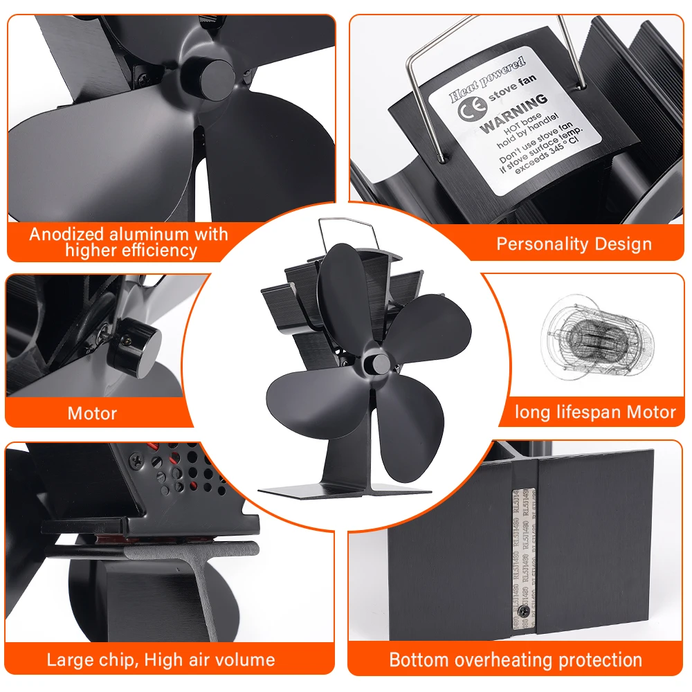 4 Blade Heat Powered Stove Fan Black Fireplace Fan komin Log Wood Burner Eco Friendly Quiet Fan Home Efficient Heat Distribution