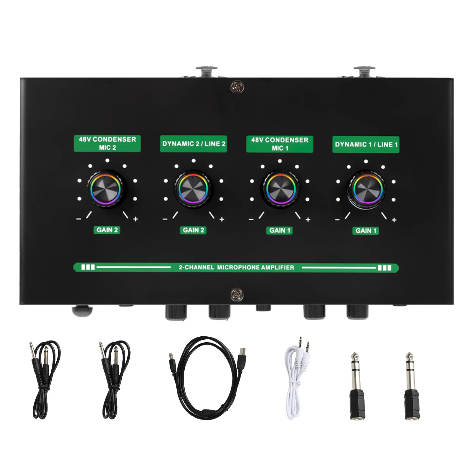 

Compact Desktop Mic Amplifier with Dual Mic Inputs Metal Chassis Reverb Mixer for Singing Voice Chat Home Studio Streaming Pc