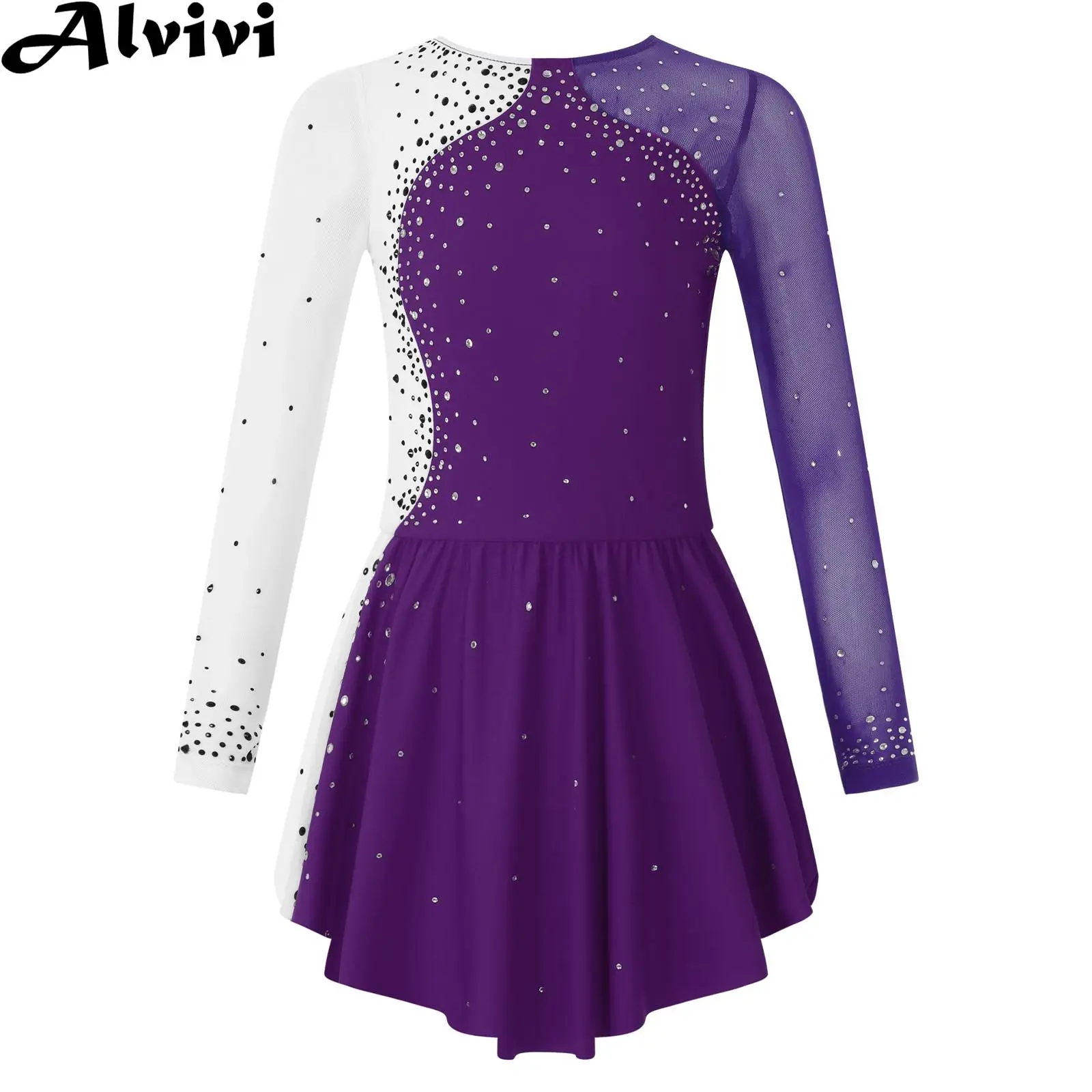 Girls Figure Ice Skating Dress Ballet Dance Gymnastics Leotard Tutu Long Sleeve Shiny Rhinestone Sheer Mesh Dresses Dancewear