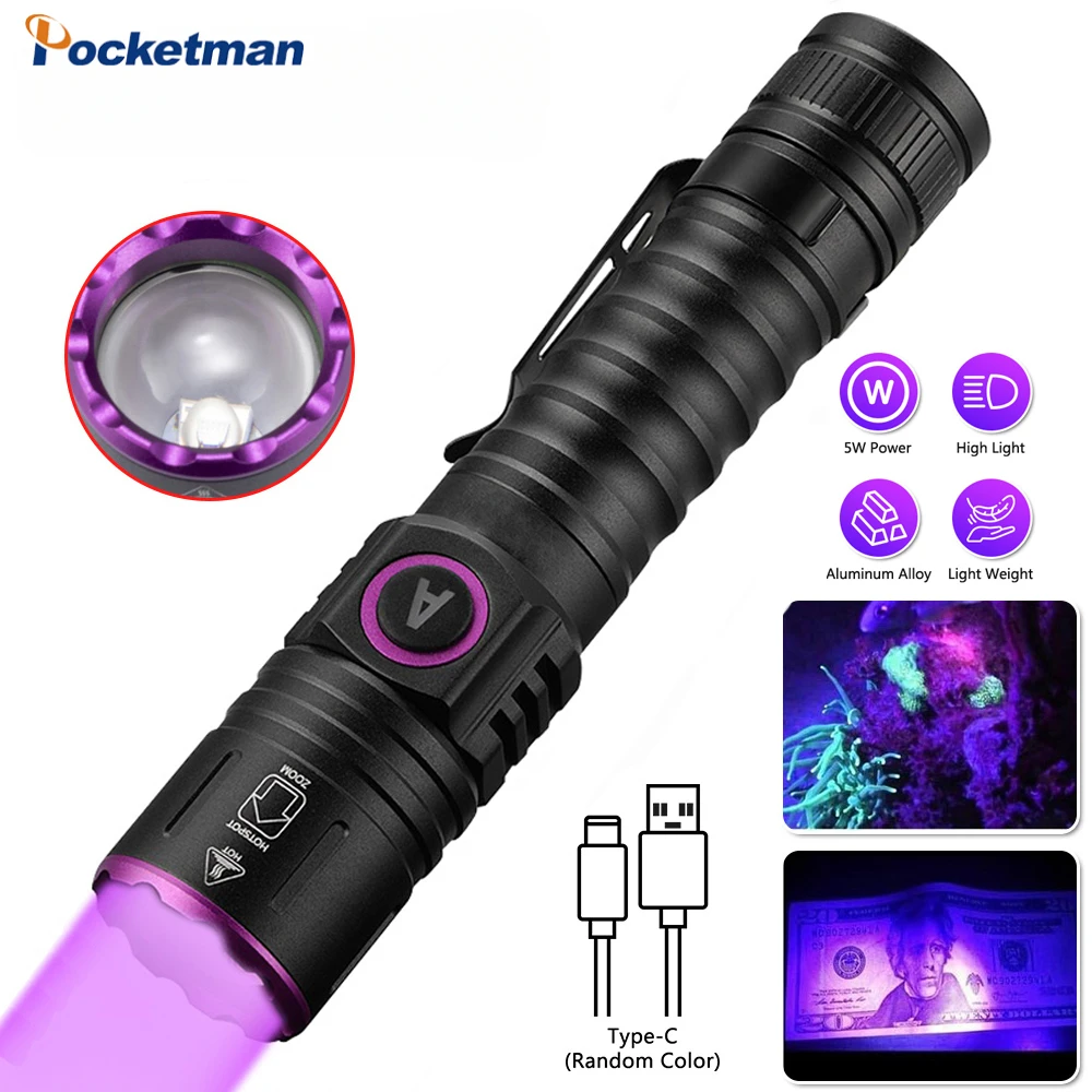 

Type-C USB Rechargeable UV Flashlight 365nm 395nm Black Light Flashlights Ultraviolet Blacklight Torch Pet Urine Detector Light