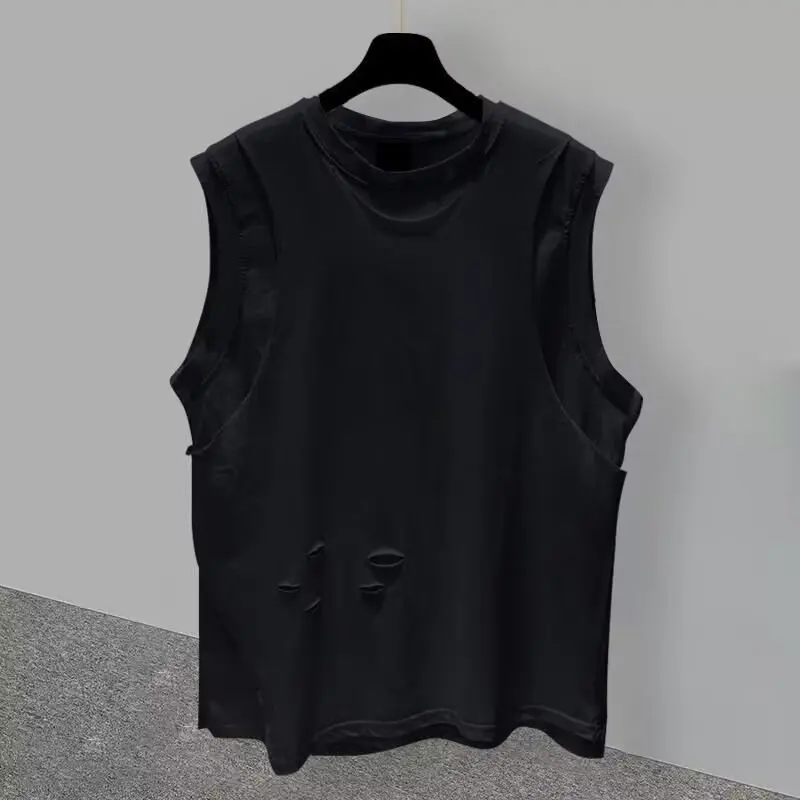 Men\'s Clothing Sleeveless T-shirt Summer Loose Men Tank Top Leisure Solid Hole Priming Shirt Round Neck Fitness Running Men Tops