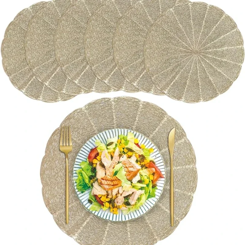 Ensemble de 6 sets de napperons ronds en vinyle doré, faciles à nettoyer, antidérapants et résistants à la chaleur, 15" pour table à manger, mariage, fête, festival