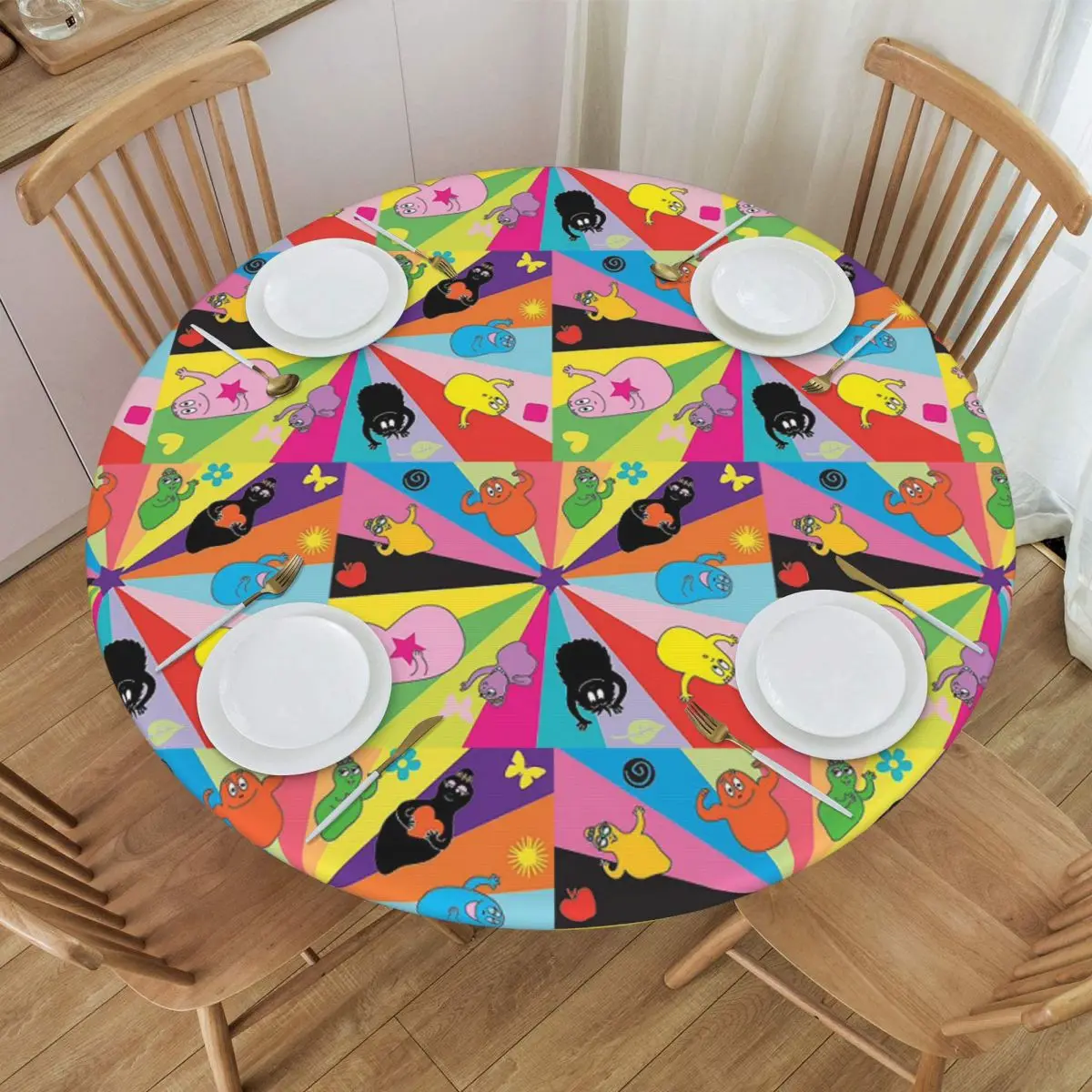Barbapapa Cartoon Waterproof Round Tablecloth Oilproof Table Cloth for Kitchen Events Dining Table Cover