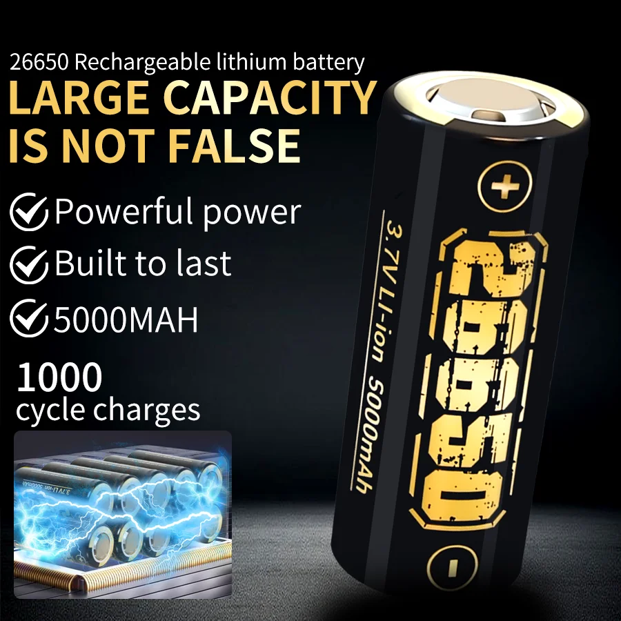 

Brand New 100% Original 26650 Battery 3.7V 5000mAh Discharge 26650 Li-ion Battery Rechargable Battery with Free LED Flashlight