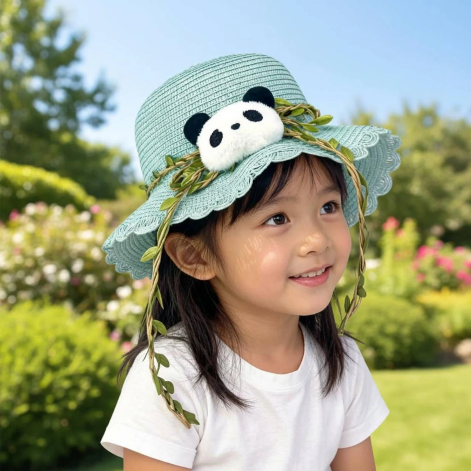 Cartoon Panda Beach Hat Breathable Children's Straw Sun Hat Headwear Packable for Tourist Spots